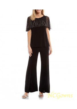 Beaded Short Sleeve Round Neck Mother Of The Bride Pantsuit J121658828783