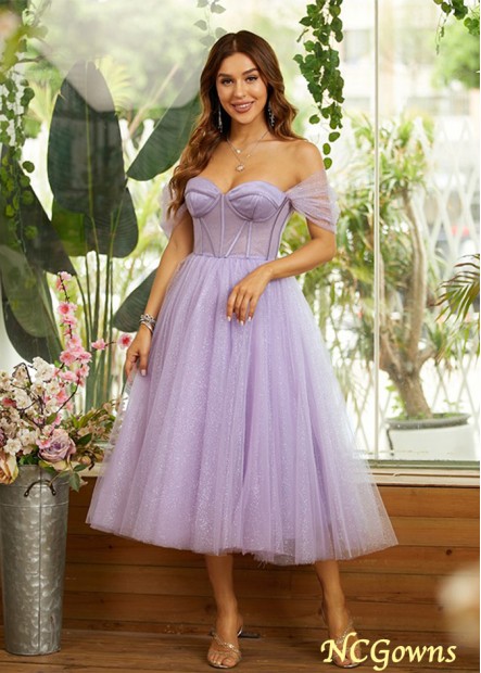 A-Line Tulle Ruffles Off-the-Shoulder Sleeveless Tea-Length Prom Dresses WE31690436211