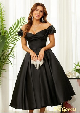 Black Satin Ruched Off-the-Shoulder Sleeveless Tea-Length Prom Dresses WE31690964761