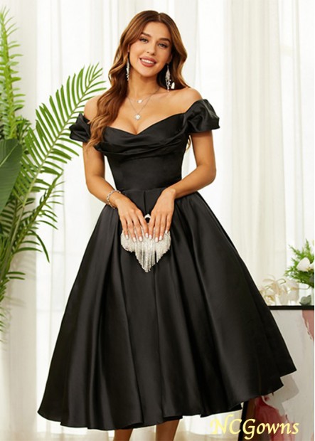 Black Satin Ruched Off-the-Shoulder Sleeveless Tea-Length Prom Dresses WE31690964761
