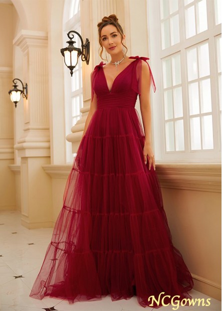 Red Tulle Ruffles V-neck Sleeveless Prom Evening Dresses WE31690965017