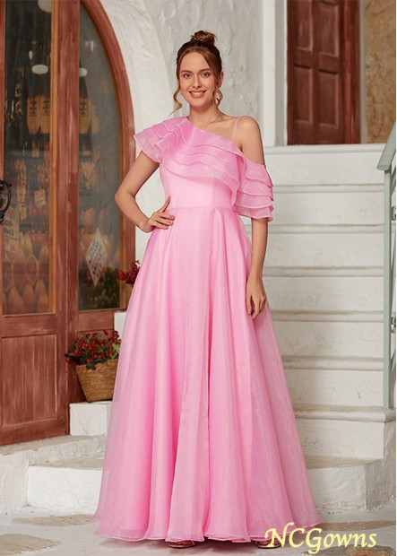 Pink Organza Ruffles One-Shoulder Sleeveless Floor-Length Prom Dresses WE31691474111