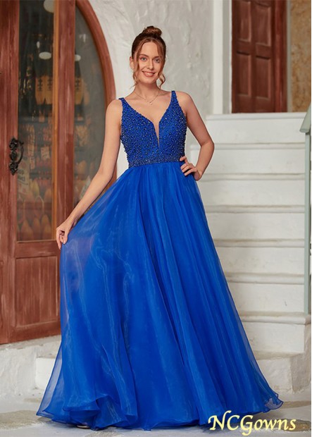 Royal Blue Organza Beading V-neck Sleeveless Floor-Length Prom Dresses WE31691474335