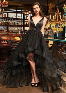 Black A-Line Sleeveless V-neck Ruffles Tulle Prom Evening Dresses WE31691630785