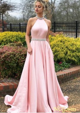 Pink Sleeveless Halter Beading Satin Prom Evening Dresses WE31691630827