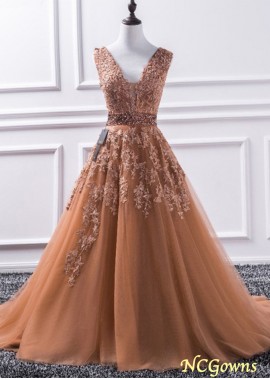 A-Line Sleeveless V-neck Tulle Prom Dresses with Applique WE31691745786