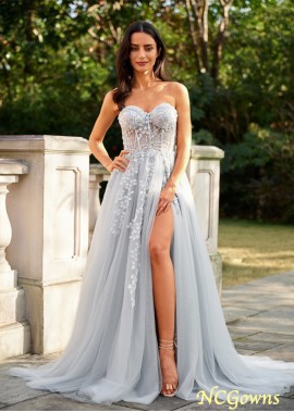 A-Line Tulle Applique Sweetheart Sleeveless Court Train Prom Dresses WE31687928737