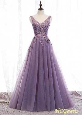 A-Line/Princess Tulle Applique V-neck Sleeveless Floor Length Prom Dresses WE31688022768