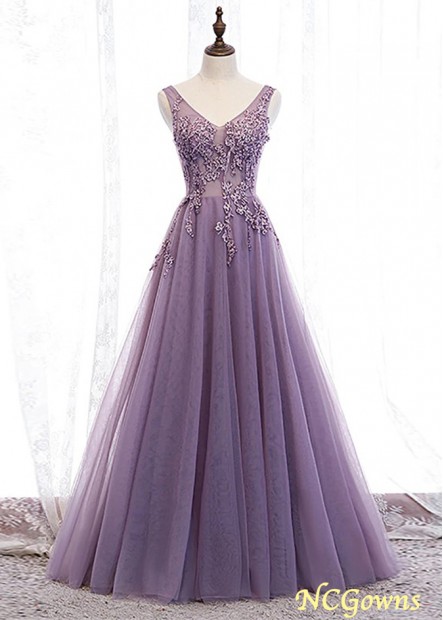 A-Line/Princess Tulle Applique V-neck Sleeveless Floor Length Prom Dresses WE31688022768