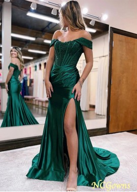 Satin Ruched Off-the-Shoulder Sleeveless Sweep/Brush Train Corset Prom Dresses WE31688023979