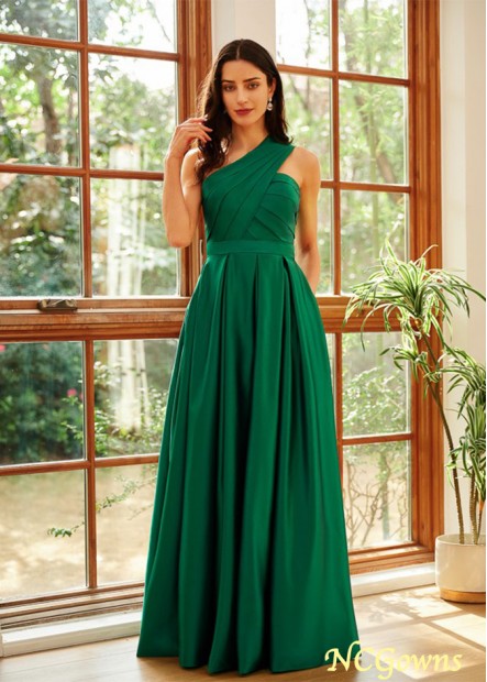 A-Line Satin Ruched One-Shoulder Sleeveless Floor-Length Prom Dresses WE31688374986
