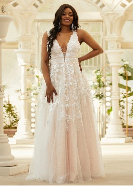A-Line Tulle Applique V-neck Sleeveless Floor-Length Plus Size Prom Dresses WE31688538566