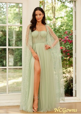 A-Line Tulle Ruched Straps Long Sleeves Floor-Length Prom Dresses WE31688539480