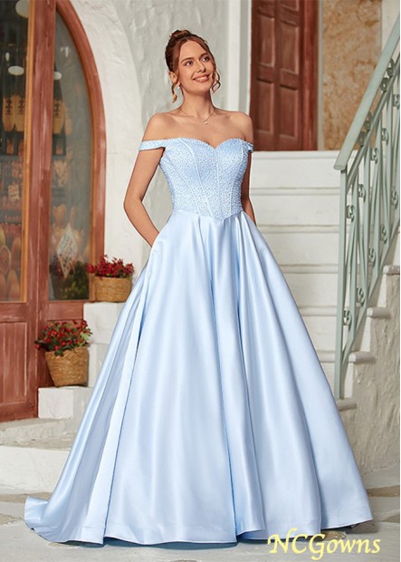 Ball Gown Satin Beading Off-the-Shoulder Sleeveless Sweep/Brush Train Prom Dresses WE31688543485