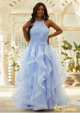 A-Line Tulle Applique Blue Halter Sleeveless Floor-Length Prom Dresses WE31688788558