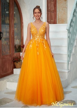 A-Line/Princess Tulle Applique V-neck Sleeveless Floor-Length Prom Dresses WE31689058115