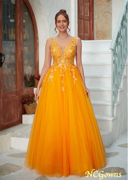 A-Line/Princess Tulle Applique V-neck Sleeveless Floor-Length Prom Dresses WE31689058115