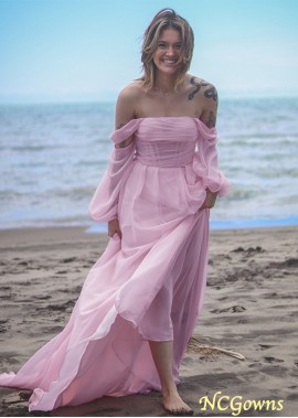 Pink Chiffon Ruched Off-the-Shoulder Long Sleeves Sweep/Brush Train Prom Dresses WE31690184476