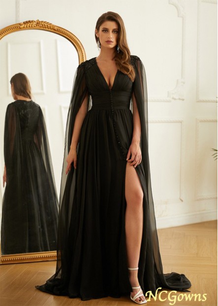 A-Line 30D Chiffon Ruched V-neck Long Sleeves Floor-Length Prom Dresses WE31690184500