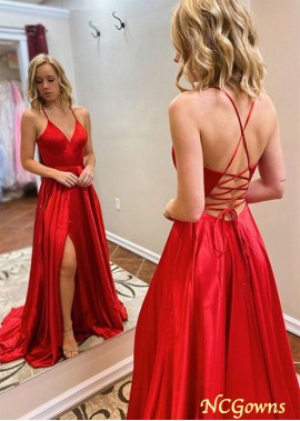 A-line V Neck Floor-Length Red Prom Dresses With Split YYQ1687848102