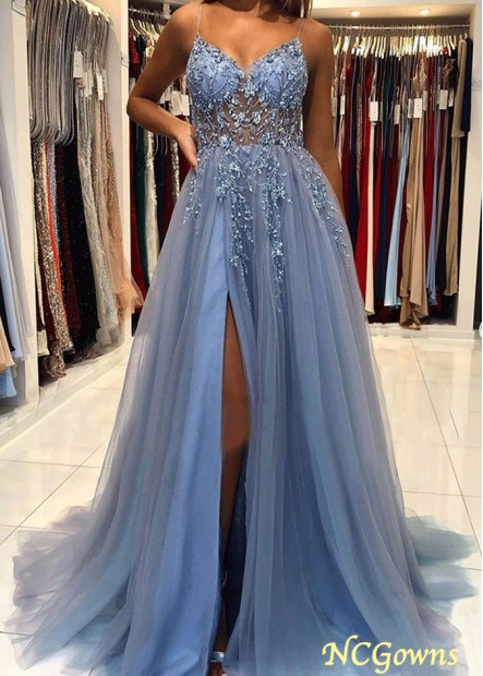 Spaghetti Straps Long Tulle Prom Dress With Beading Sequins Split YYQ1687933949