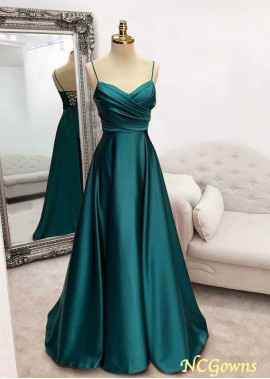 Cheap A-line Spaghetti Straps Long Satin Prom Dress With Pleated YYQ1687935432