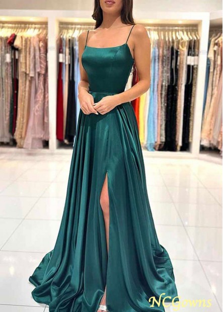 A-line Square Neckline Spaghetti Straps Sweep Train Prom Party Dresses With Split YYQ1688018996