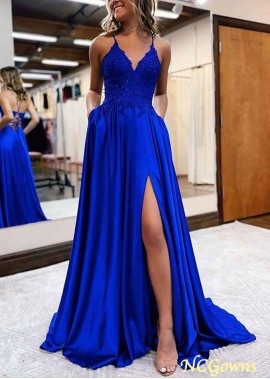 Cheap V Neck Sleeveless Royal Blue Sweep Train Prom Dresses YYQ1688019002
