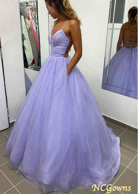 A-line V Neck Spaghetti Straps Floor-Length Prom Ball Gowns With Pockets