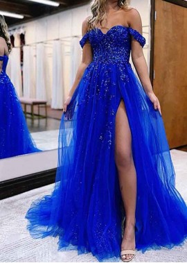 Princess A-line Off-the-Shoulder Royal Blue Sleeveless Prom Dresses With Split YYQ1688104838