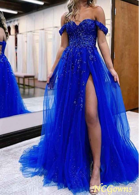 Princess A-line Off-the-Shoulder Royal Blue Sleeveless Prom Dresses With Split YYQ1688104838