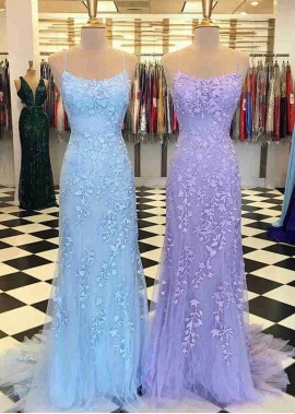2023 Mermaid Scoop Neck Sleeveless Sweep Train Lace Prom Dresses YYQ1688200489