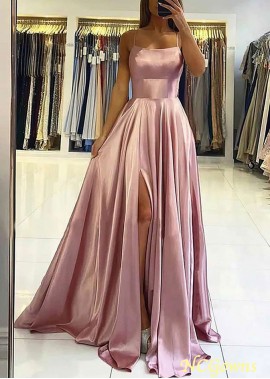 A-line Square Neckline Sleeveless Satin Split Prom Dresses With Pleated YYQ1688200499