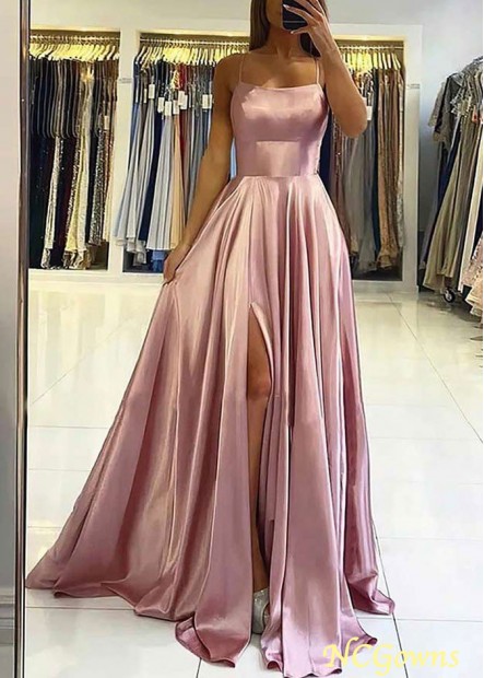 A-line Square Neckline Sleeveless Satin Split Prom Dresses With Pleated YYQ1688200499