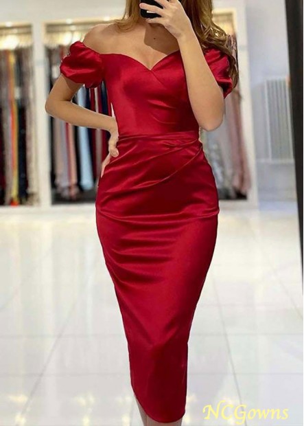 Red Off-the-Shoulder Short Sleeve Tea-Length Satin Prom Dress With Pleated YYQ1688356267