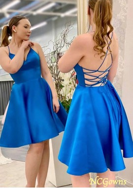 Best Royal Blue A-line V Neck Sleeveless Satin Short/Mini Homecoming Dresses YYQ1688621226