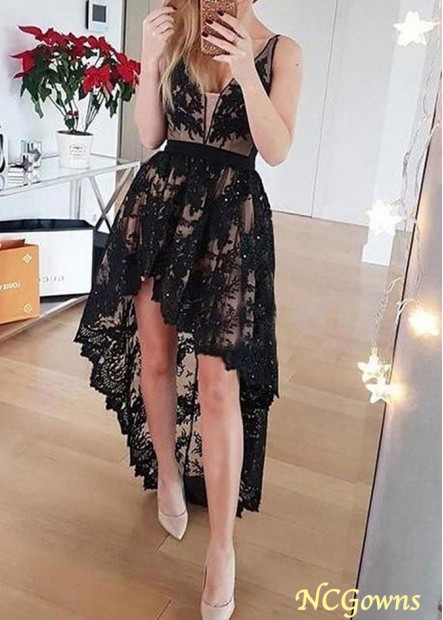 Black A-line Sleeveless Lace Satin Asymmetrical Homecoming Dresses YYQ1688621240