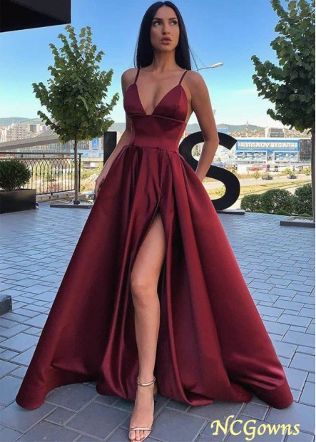 Sexy Burgundy V Neck Satin Spaghetti Strap Side Slit Prom Fromal Evening Gowns with Pockets Z801688367188