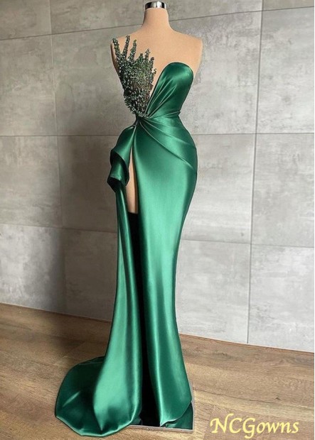 Modest Green Satin Prom Dresses Side Split Beading Prom Evening Party Gown Z801688367204