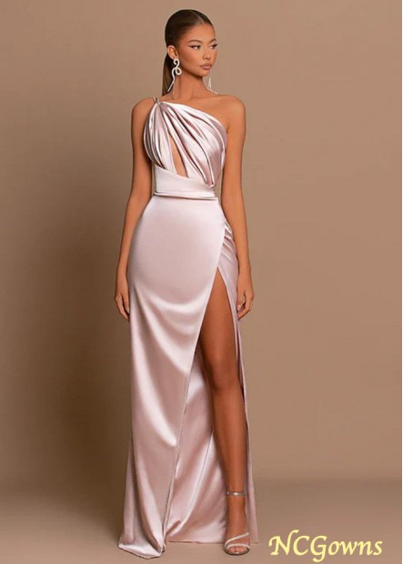 Simple Blush Pink One Shoulder High Slit Long Prom Evening Dress Z801688546430