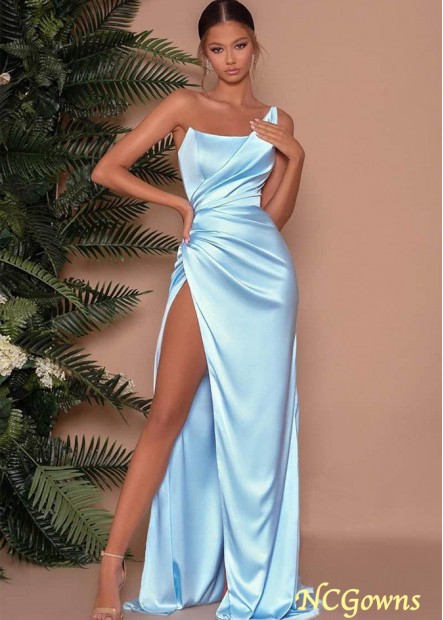 Elegant Light Sky Blue One Shoulder Pleats High Split Long Prom Formal Dress