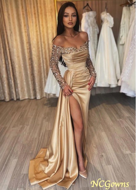 Champagne Sheath Sequins Long Sleeves Off Shoulder Formal Prom Evening Dress with High Slit Z801687933210