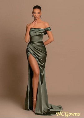 Elegant Satin Off the Shoulder Side Slit Long Formal Evening Gown Z801688033178