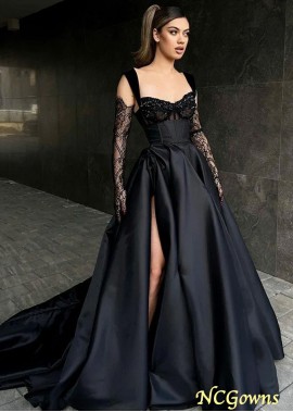 Sexy Corset Sweetheart Side Slit Satin Pleated Long Black Formal Evening Dresses Z801687934092
