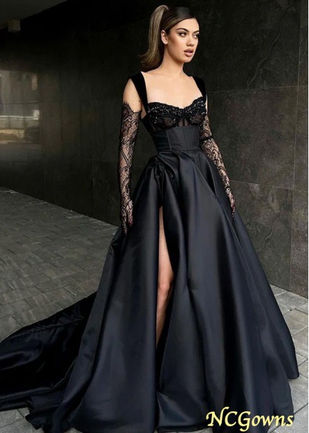 Sexy Corset Sweetheart Side Slit Satin Pleated Long Black Formal Evening Dresses Z801687934092
