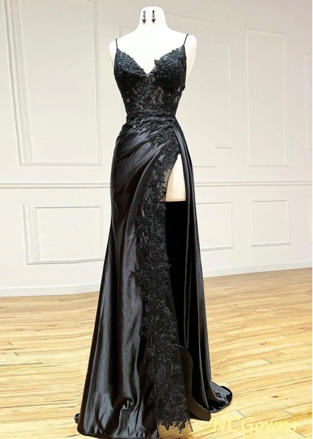 Side Slit Black Long Prom Evening Dresses with Spaghetti Straps Z801687931502