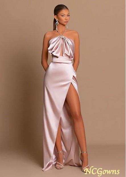 Simple Blsh Pink  Halter Side Slit Long Prom Formal Evening Dress Z801688033204