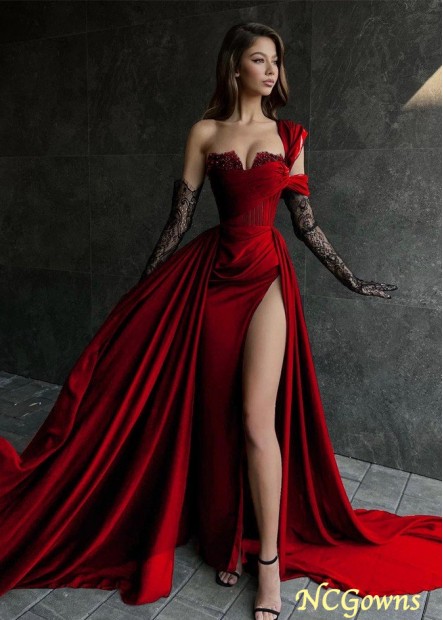 A Line High Split Chiffon Red Long Prom Formal Dress with Lace Appliques Z801687850745