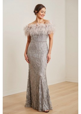 Delicate Embroidered Feather Beaded Flare Silver Mother of the Bride Dress