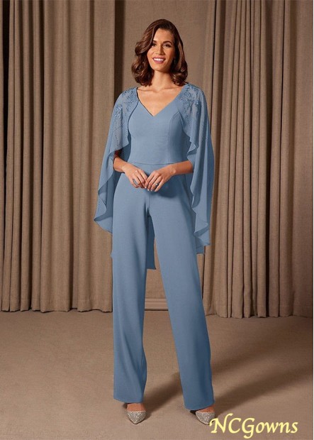Blush Blue Flowy Chiffon Mother of the Bride Jumpsuit For Wedding Guests
